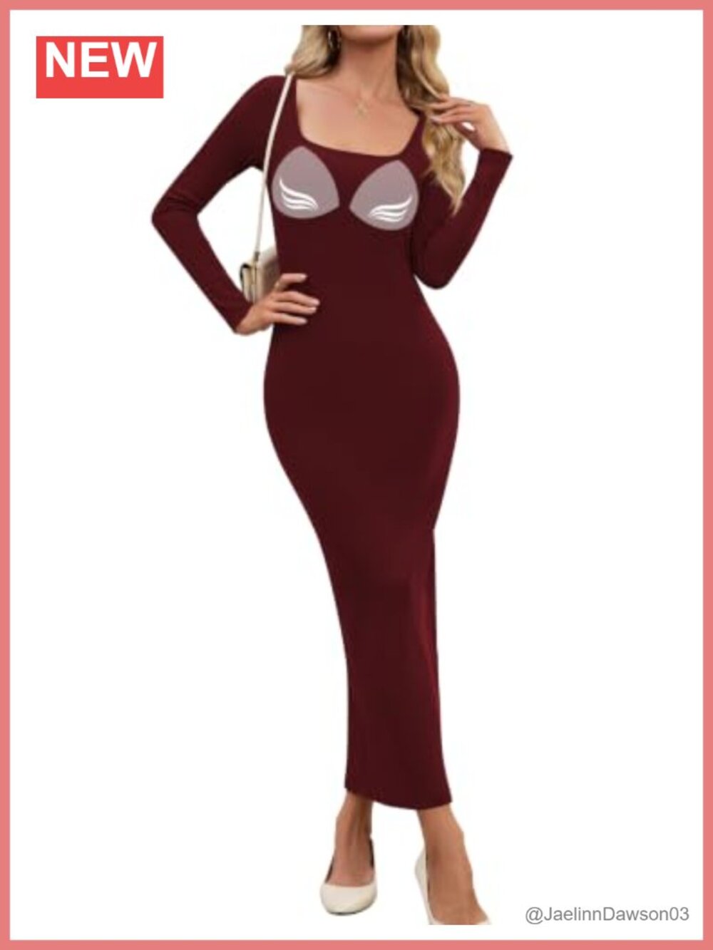 Built in Bra Bodycon Maxi Dress Square Neck Long Sleeve